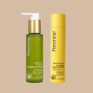 Perenne Oil Control Clarifying Facewash & Perenne Glow Booster Invisible Sunscreen SPF 50 PA+++ Combo | Anti-Acne Face Wash & Lightweight Invisible Sunscreen for Oily & Acne-Prone Skin | Men & Women | Paraben-Free, Non-Comedogenic, Dermatologist-Tested
