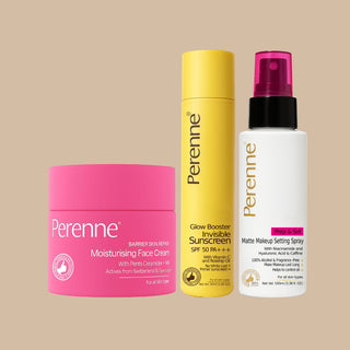 Combo of Perenne Barrier Skin Repair Moisturizing Face Cream, Glow Booster Invisible Sunscreen & Prep & Set Matte Makeup Setting Spray (50g x 50ml x 100ml)