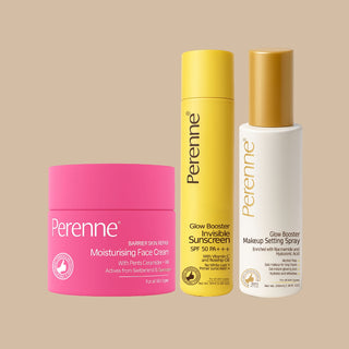 Combo of Perenne Barrier Skin Repair Moisturizing Face Cream, Glow Booster Invisible Sunscreen & Glow Booster Makeup Setting Spray (50g x 50ml x 100ml)