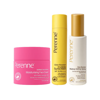Combo of Perenne Barrier Skin Repair Moisturizing Face Cream, Glow Booster Invisible Sunscreen & Glow Booster Makeup Setting Spray (50g x 50ml x 100ml)