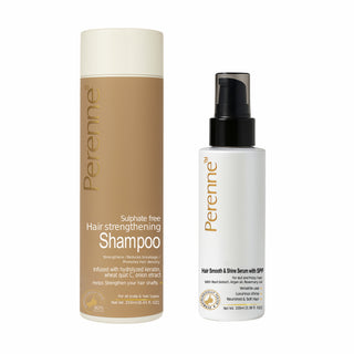 Perenne Hair Strengthening Shampoo & Hair Smooth and Shine Serum with SPF Combo | With Root Biotech, Keratin, Argan Oil & Rosemary Oil | For Hair Fall Control, Frizz-Free Shine & UV Protection | 250ml + 100ml