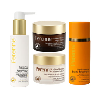 Buy combo pack of Sulphate Free Glow Booster Facewash(100ml), Perenne Radiance Day Cream (50g) & Collagen Booster Night Cream (50g) + Broad Spectrum SPF 50 PA++++ Sunscreen Gel Cream(50 ml)