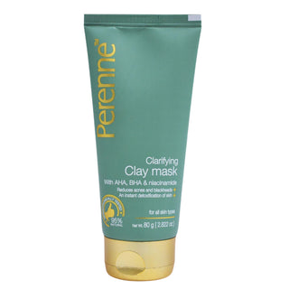 Perenne Clarifying Clay Mask | Detoxifies, Controls Sebum & Reduces Acne | AHA, BHA, Niacinamide & Tea Tree Oil | For Clear, Healthy & Glowing Skin (80g)