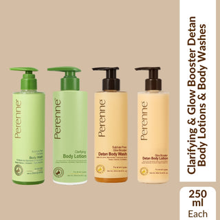 Body Care Combo Pack of 4 - Perenne Clarifying Body Lotion, Sulphate free Glow Booster Detan Body Lotion, Sulphate free Clarifying Body Wash, & Sulphate free Glow Booster Detan Body Wash