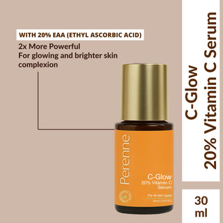 Perenne C-Glow 20% Vitamin C Serum | 20% EAA (Ethyl Ascorbic Acid) | Target Hyperpigmentation | Brightening & Anti-Aging | Antioxidants & Hyaluronic Acid  | For All Skin Types | Men & Women (30 ml)