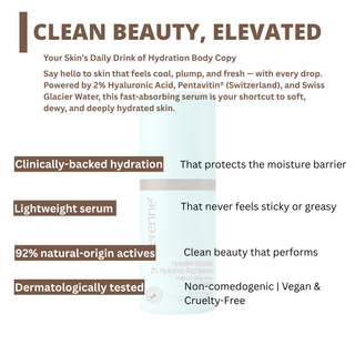 Perenne Hydration Booster 2% Hyaluronic Acid Serum With Swiss Glacier Water + Pentavitin® | Intense Hydration + Skin Plumping |Lightweight & Fast-Absorbing| 92% Natural | Dermatologically Tested | For All Skin Types 20 ml
