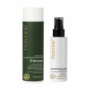 Perenne Hair Care Combo – Clarifying Anti-Dandruff Shampoo (250ml) & Hair Smooth and Shine Serum with SPF (100ml) | With Root Biotech, Argan Oil, Rosemary Oil | For Dandruff Control, Frizz-Free Shine & UV Protection