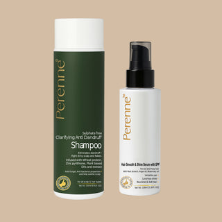 Perenne Hair Care Combo – Clarifying Anti-Dandruff Shampoo (250ml) & Hair Smooth and Shine Serum with SPF (100ml) | With Root Biotech, Argan Oil, Rosemary Oil | For Dandruff Control, Frizz-Free Shine & UV Protection