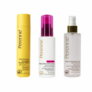 Buy Combo of Perenne Prep & Set Matte Makeup Setting Spray, Glow Booster Invisible Sunscreen & Makeup Disinfectant Mist ( 50gm x 100ml x 200ml )
