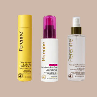 Buy Combo of Perenne Prep & Set Matte Makeup Setting Spray, Glow Booster Invisible Sunscreen & Makeup Disinfectant Mist ( 50gm x 100ml x 200ml )