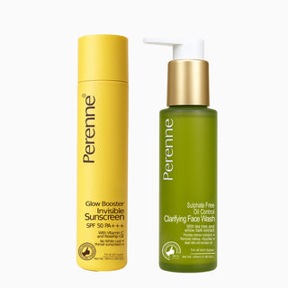 Perenne Oil Control Clarifying Facewash & Perenne Glow Booster Invisible Sunscreen SPF 50 PA+++ Combo | Anti-Acne Face Wash & Lightweight Invisible Sunscreen for Oily & Acne-Prone Skin | Men & Women | Paraben-Free, Non-Comedogenic, Dermatologist-Tested