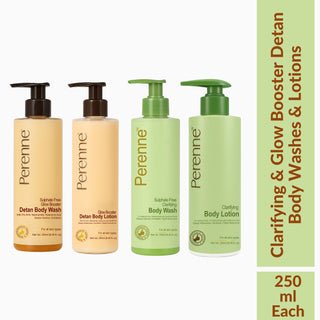 Perenne Body Care Combo Pack of 4 | Clarifying Body Wash, Detan Body Wash with AHA, Clarifying Body Lotion & Detan Body Lotion with SPF | With Salicylic Acid, AHA, Niacinamide & Hyaluronic Acid | For Body Acne, Tan Removal & Hydration | 250ml x 4