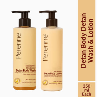Perenne Glow Booster Detan Body Care Combo | Sulphate-Free Detan Body Wash (250ml) & Detan Body Lotion with Vitamin C & Glycolic Acid (250ml) | For Tan Removal, Brightening & Hydration | For Men & Women