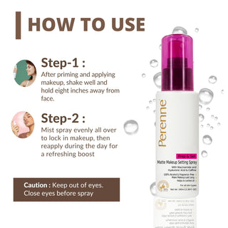 Perenne Prep & Set Matte Makeup Setting Spray with Niacinamide, Hyaluronic Acid & Caffeine |Matte Finished| Helps to control oil | For Long Lasting makeup up to 24 hrs* |100% Alcohol-Free & Fragrance-Free (100ml)