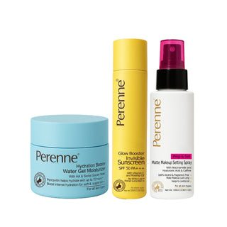 Combo of Perenne Hydration Booster Water Gel Moisturizer, Glow Booster Invisible Sunscreen & Prep & Set Matte Makeup Setting Spray (50g x 50ml x 200ml)